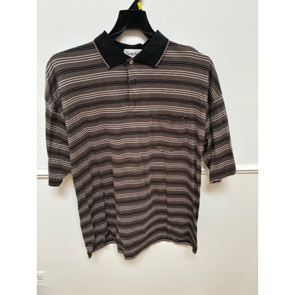 Sedgefield Mens Vintage Striped Polo Shirt‎ Brown Black White Short Sleeve Large